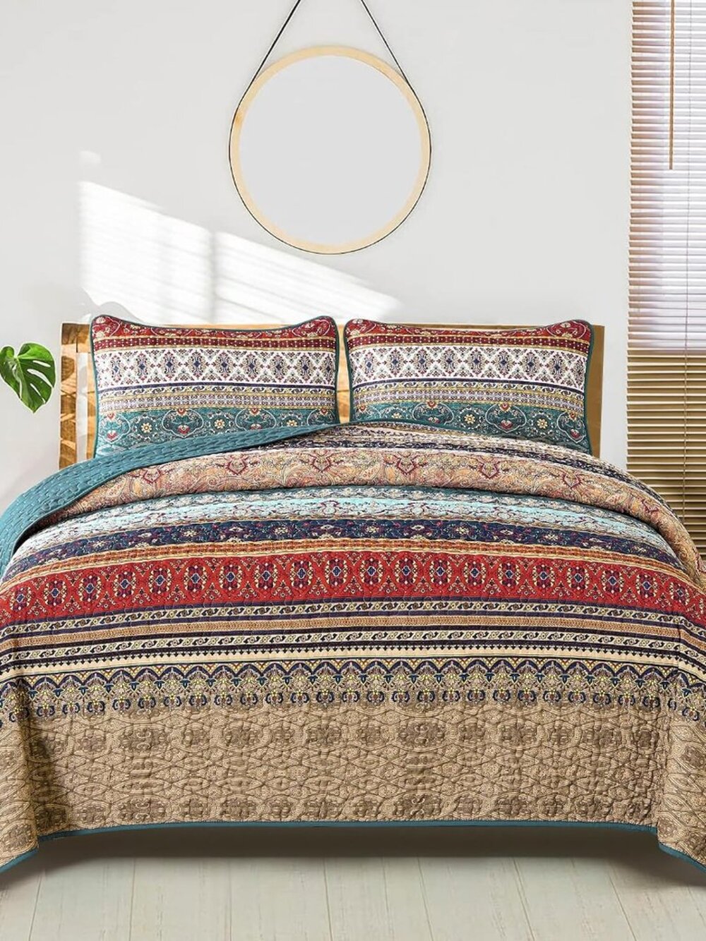 Boho King Quilt Bedding Set, 3 Pieces Bedspread, Brown Green | Bohemian Lightwei